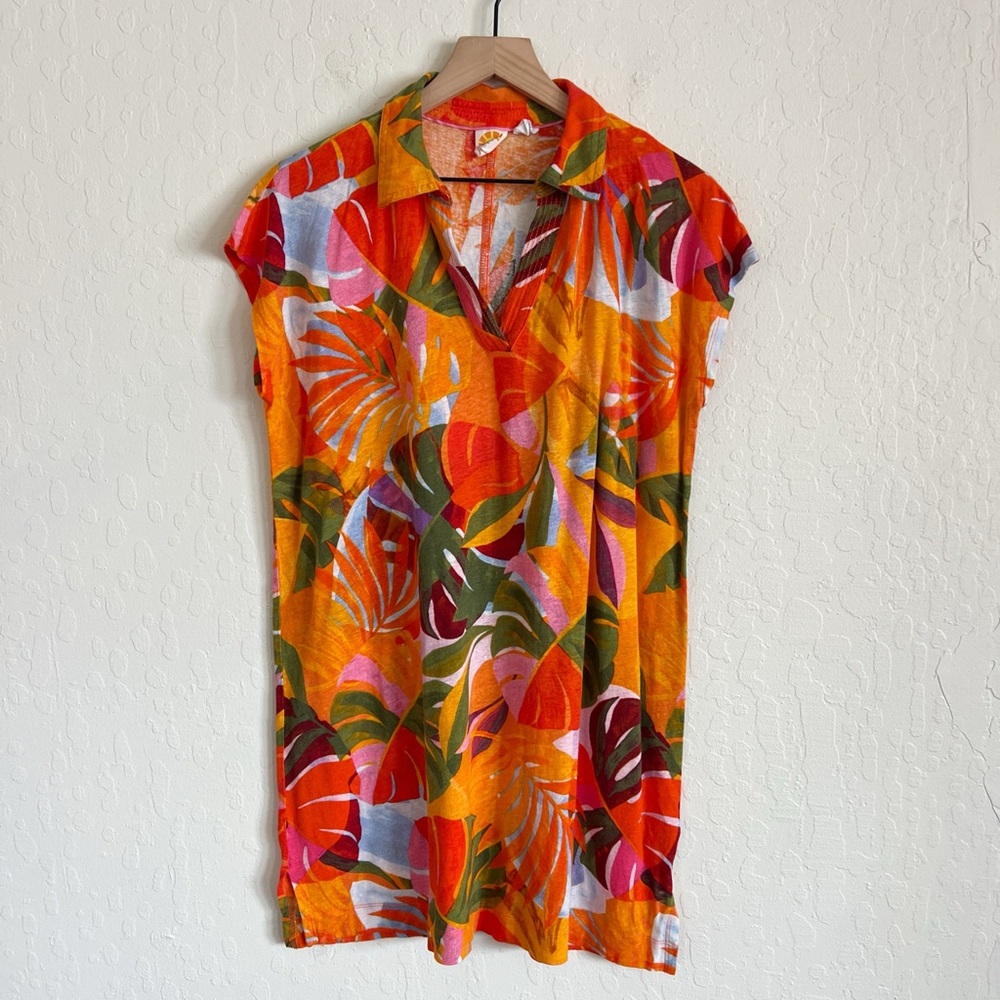 C&C California Linen Tropical Floral Beach Coverup Mini Dress Large Orange Boho
